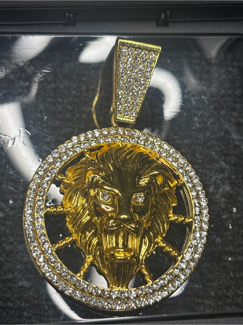 Gold Lion Head Medallion Pendant with Clear Stones